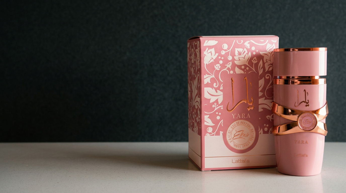 Perfume Yara Lattafa rosa com sua embalagem original
